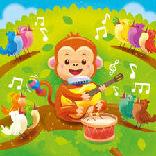 Fun monkey playing music with birds.