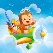 Happy monkey flying with music instruments.