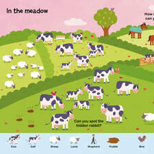 In the meadow, a spread from On The Farm. Little Word Seeeker book published by Hungry Tomato 2024.