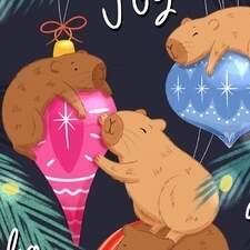 A Christmas card design featuring capybara's playing in a Christmas tree.
