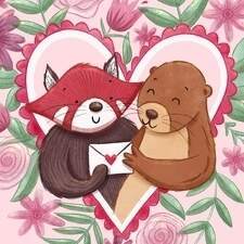 A Valentine's Day card design featuring a red panda and a otter surrounded in flowers and foilage.