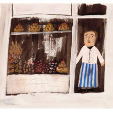 Painting of a Baker outside his Bakery.
