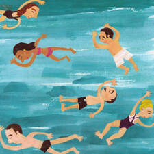 Painting of swimmers based on sketchbook work, 2024.