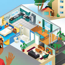 House map for interactive language learning school materials. 