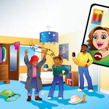 Children playing dress up for a children's language school resource material.