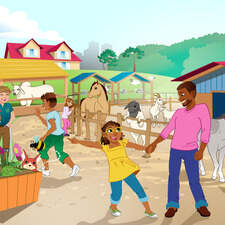 A family farm scene for language education material for schools.