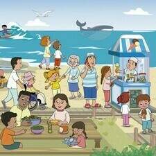 On the Beach. York Phonics Adventures. Vector style