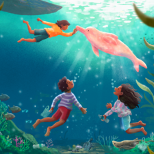 Underwater Adventure — A personal illustration inspired by the Colombian Amazon, featuring children swimming with a pink river dolphin and celebrating curiosity, biodiversity, and environmental awareness.
