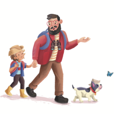 Angel Among Us — Character illustration featuring a father and child exploring nature with their dog.