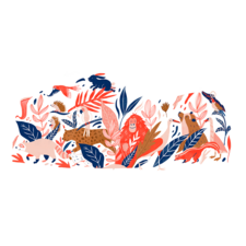 A vibrant illustrated scene bringing together playful animals and lush botanical elements. Organic shapes, expressive details, and a bold color palette create a whimsical celebration of nature and wildlife.