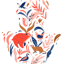A vibrant illustrated scene bringing together playful animals and lush botanical elements. Organic shapes, expressive details, and a bold color palette create a whimsical celebration of nature and wildlife.